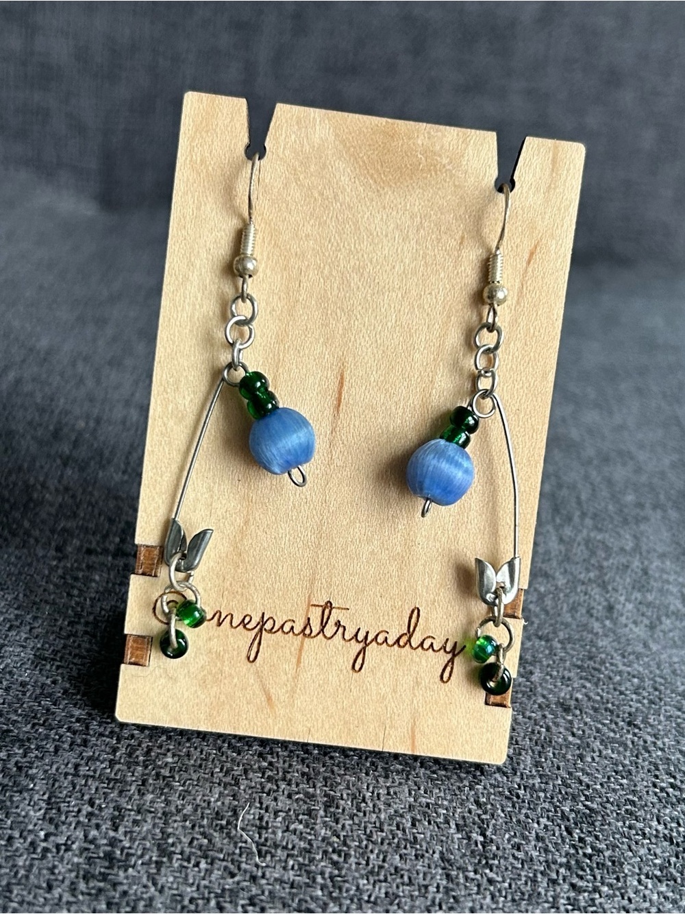 Handcrafted Safety Pin Earrings with Colorful Beads, Silver, Blue, Green - Picture 4 of 15